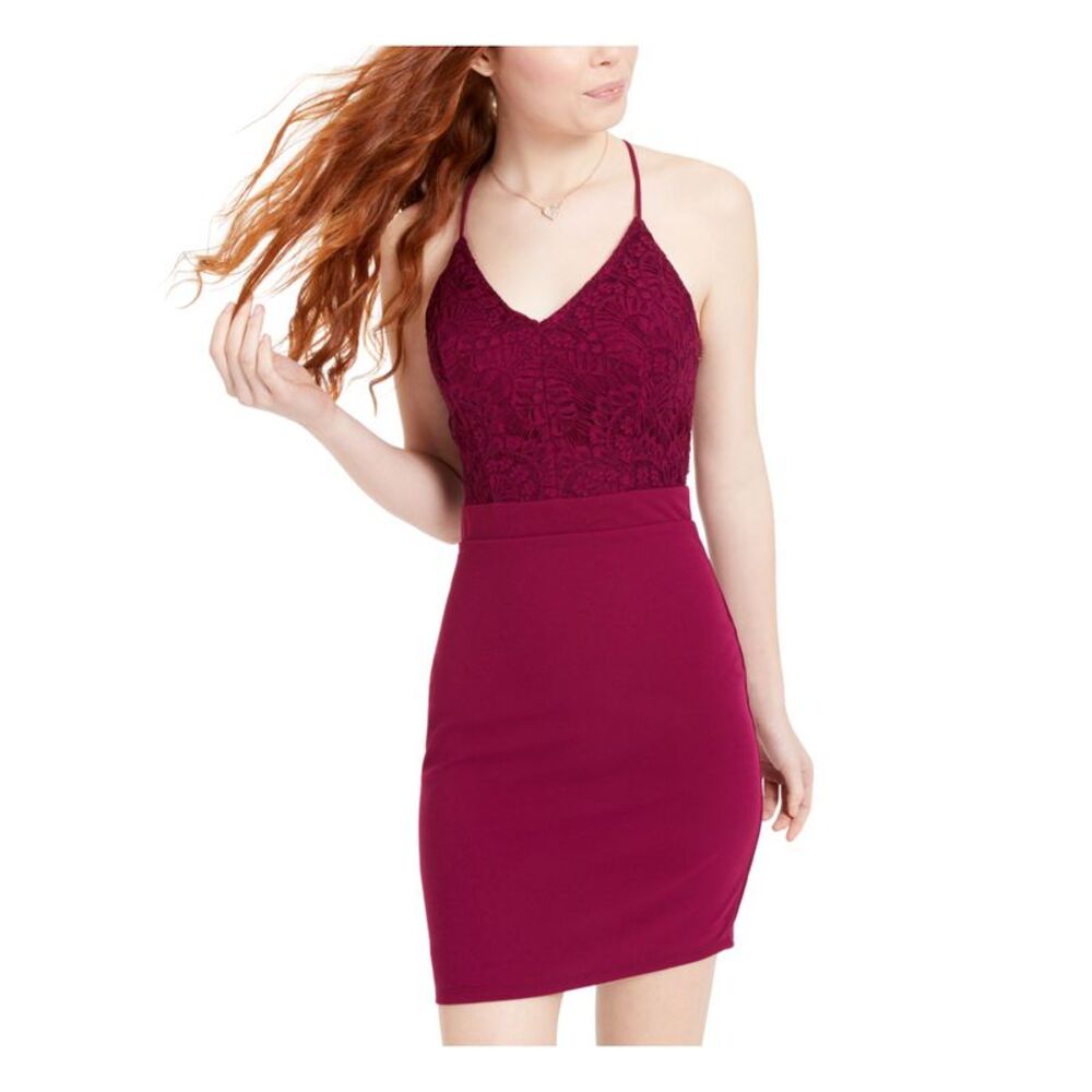 CITY STUDIO Womens Lace Spaghetti Strap V Neck Short Evening Sheath Dress